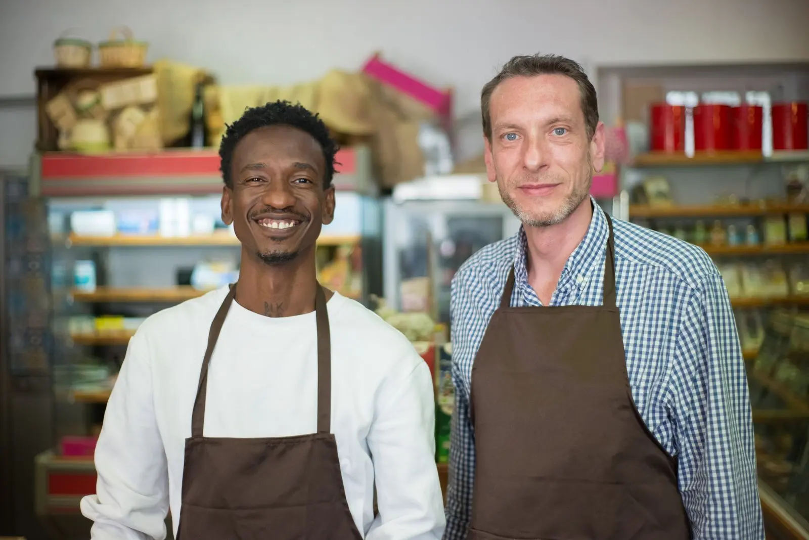Two business owners in aprons, smiling in their shop.